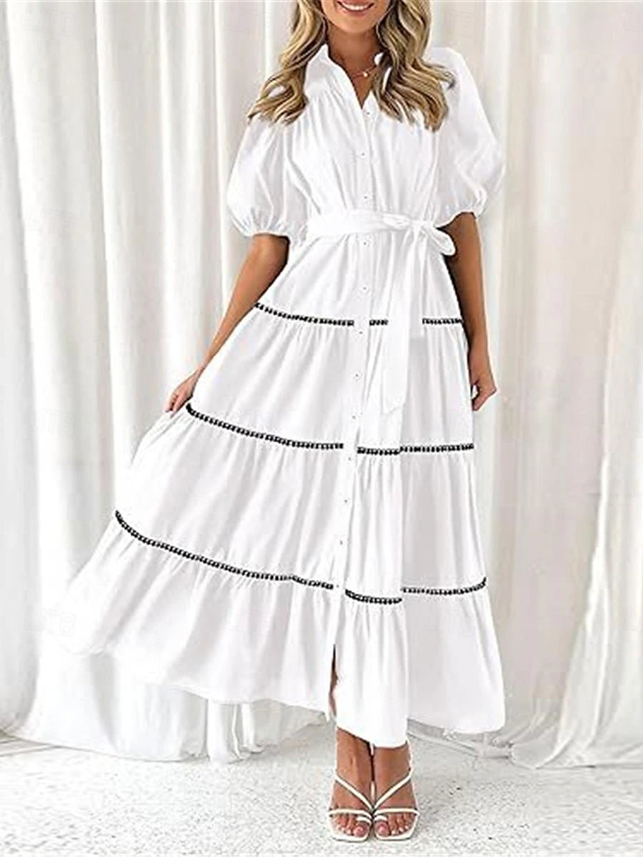 Women's White Dress Casual Dress Swing Dress Maxi Dress Lace up Button Date Vacation Streetwear Maxi Shirt Collar Half Sleeve Black White Pink Color