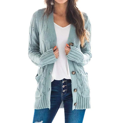 Women's Cardigan Sweater Open Front Cable Chunky Knit Button Pocket Fall Winter Tunic Daily Casual Soft Long Sleeve Solid Color Dark powder Black White S M L