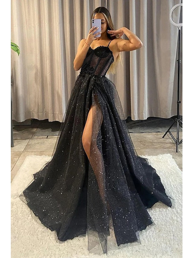 A-Line Prom Dresses Glitter Formal Gothic Dress Graduation Floor Length Sleeveless Sweetheart Spaghetti Tulle with Slit 2023 - LuckyFash™