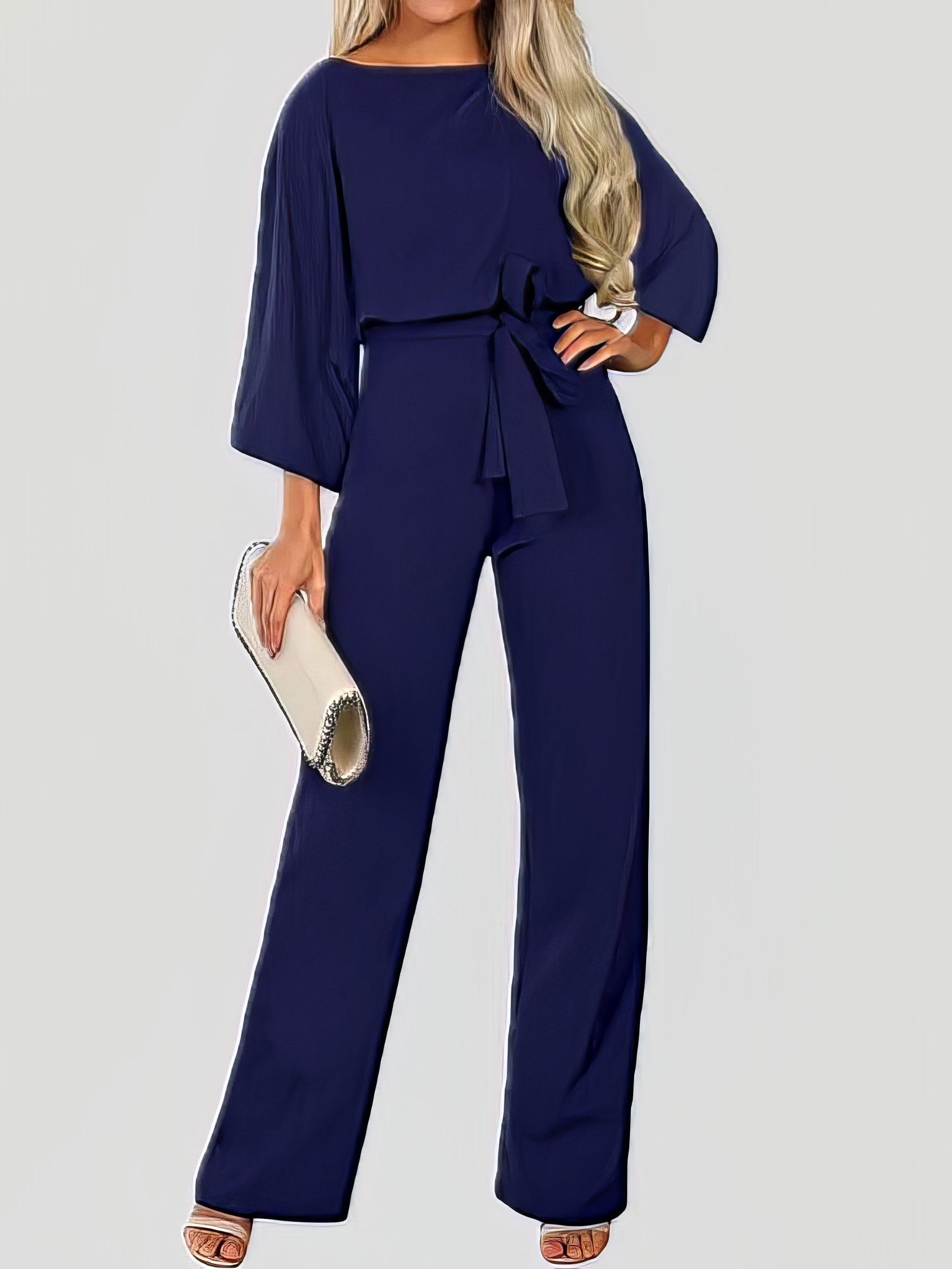 Versatile Belted Casual Jumpsuit with Long Sleeves