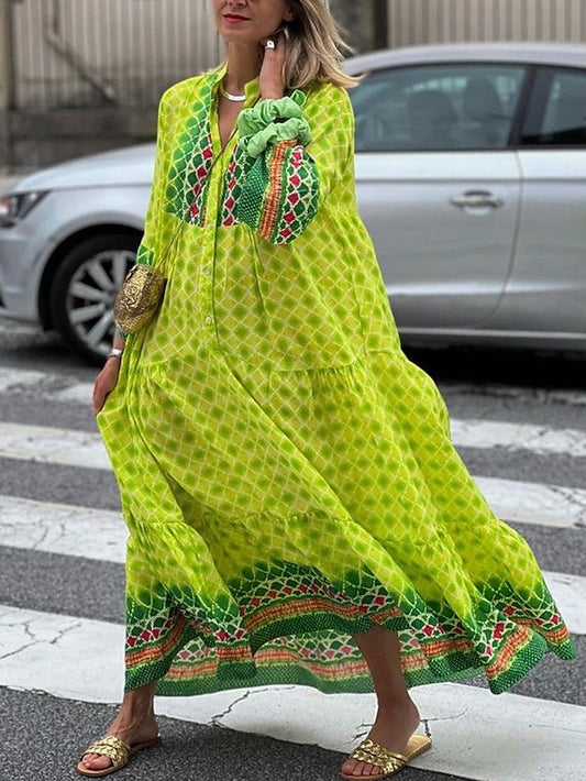 Women‘s Caftan Dress Long Dress Maxi Dress Casual Dress Swing Dress Print Dress Geometric Fashion Modern Outdoor Daily Holiday Button Print 3/4 Length Sleeve Stand Collar Dress Loose Fit Yellow