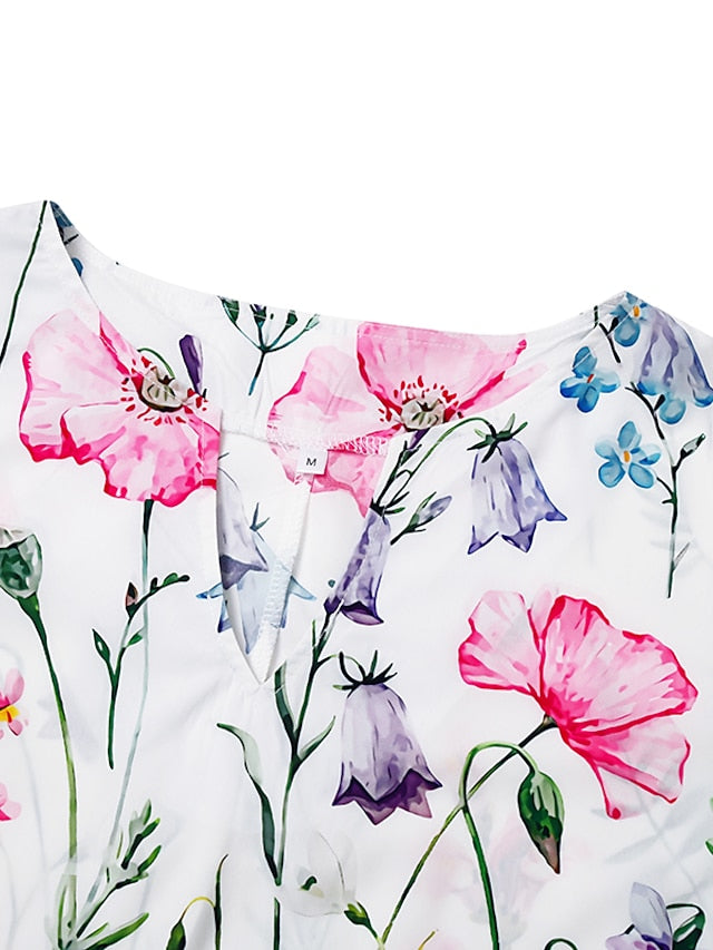 Women's Casual Dress T Shirt Dress Tee Dress Shift Dress Midi Dress White Yellow Pink Short Sleeve Floral Print Summer Spring V Neck Basic Vacation Summer Dress Spring Dress 2023 S M L XL XXL 3XL - LuckyFash™