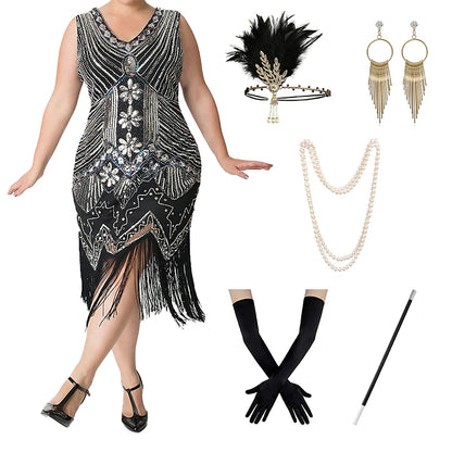 6 Pcs Flapper Dress with Accessories S-4XL Plus Size 1920s Cocktail Dress Feather Headband Earings Necklace Gloves Plastic Cigarette Holder Sequins Tassel Fringe Party Evening Prom Masquerade