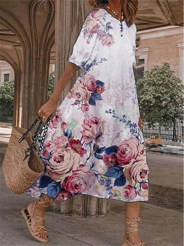 Women's Casual Dress Summer Dress Print Dress Floral Pocket Print Crew Neck Midi Dress Fashion Streetwear Outdoor Daily Short Sleeve Loose Fit Pink Blue Purple Summer Spring S M L XL XXL - LuckyFash™