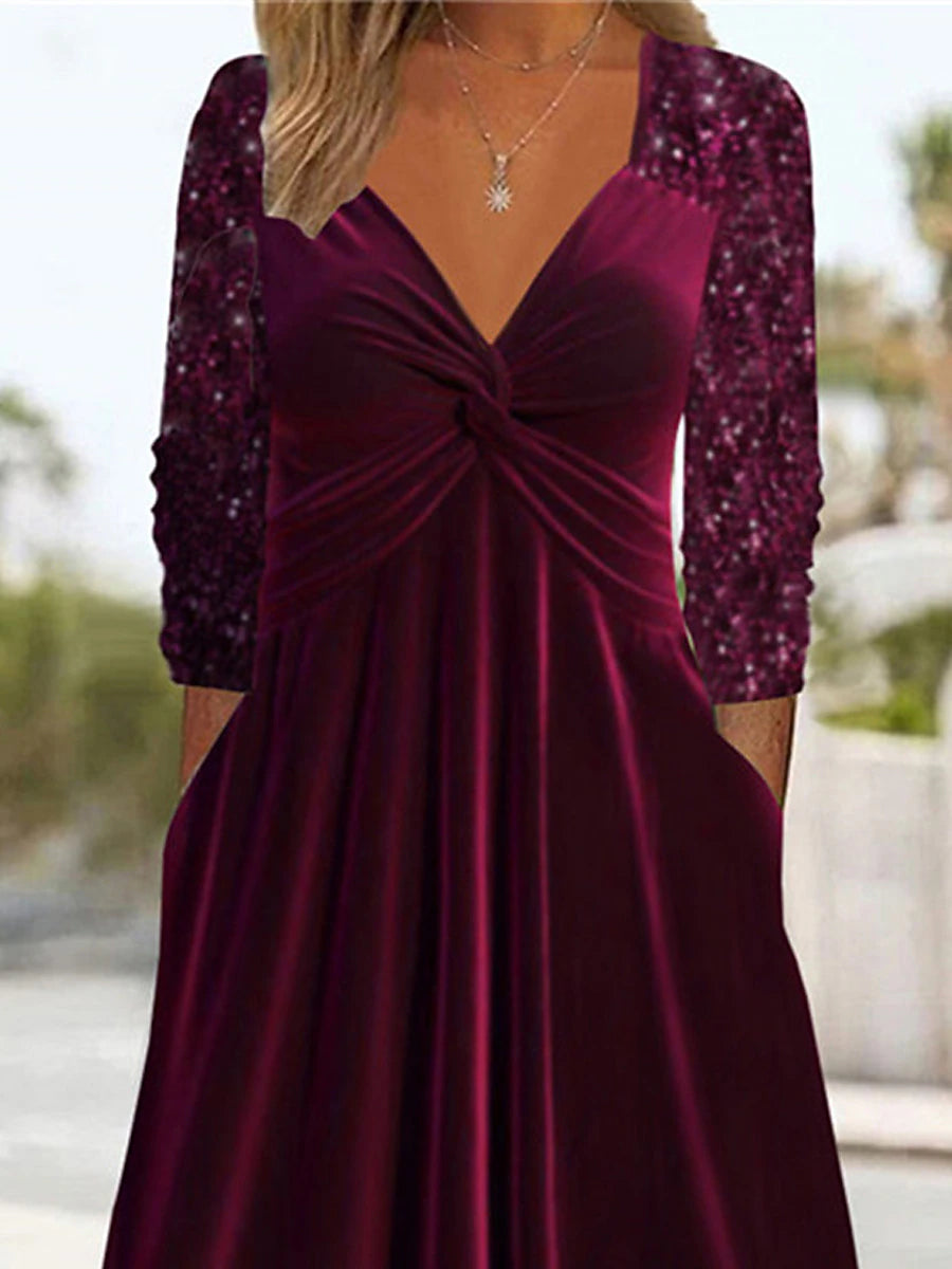 Women's Velvet Dress Sequin Dress Party Dress Velvet Sequins Sparkle V Neck Long Sleeve Midi Dress Office Vacation Wine Spring Winter