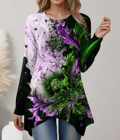 Women's T shirt Tee Floral Holiday Weekend Print Flowing tunic Royal Blue Long Sleeve Fashion Round Neck Spring &  Fall