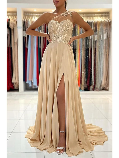 A-Line Prom Dresses Sexy Dress Formal Court Train Sleeveless One Shoulder Chiffon with Slit Appliques 2023 - LuckyFash™