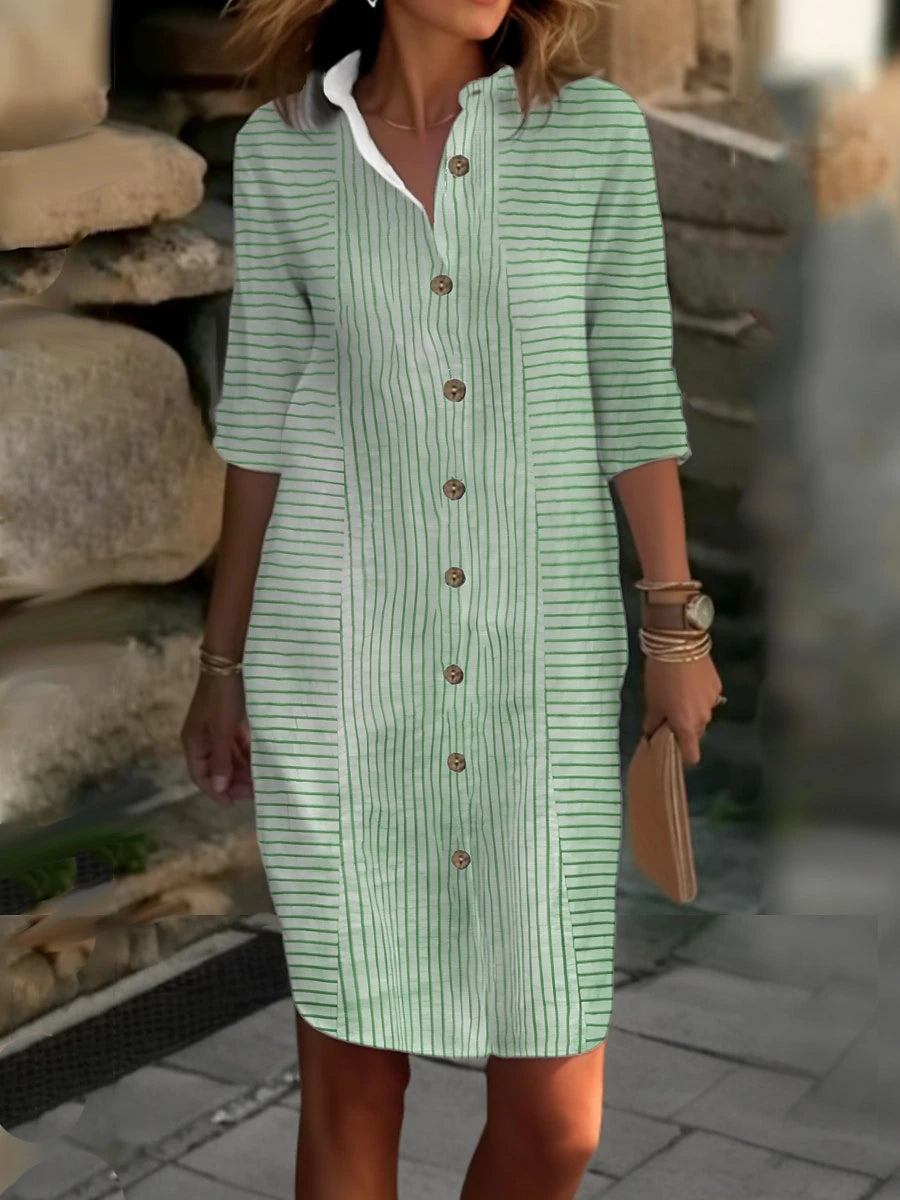 Women's Shirt Dress Casual Dress Cotton Linen Dress Midi Dress Button Print Daily Vacation Shirt Collar 3/4 Length Sleeve Summer Spring Fall Blue Green Striped