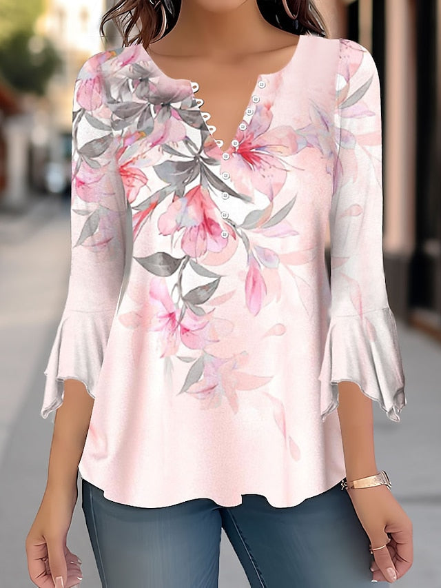 Women's Shirt Blouse Floral Casual Holiday Button Print White 3/4 Length Sleeve Fashion Round Neck Spring &  Fall