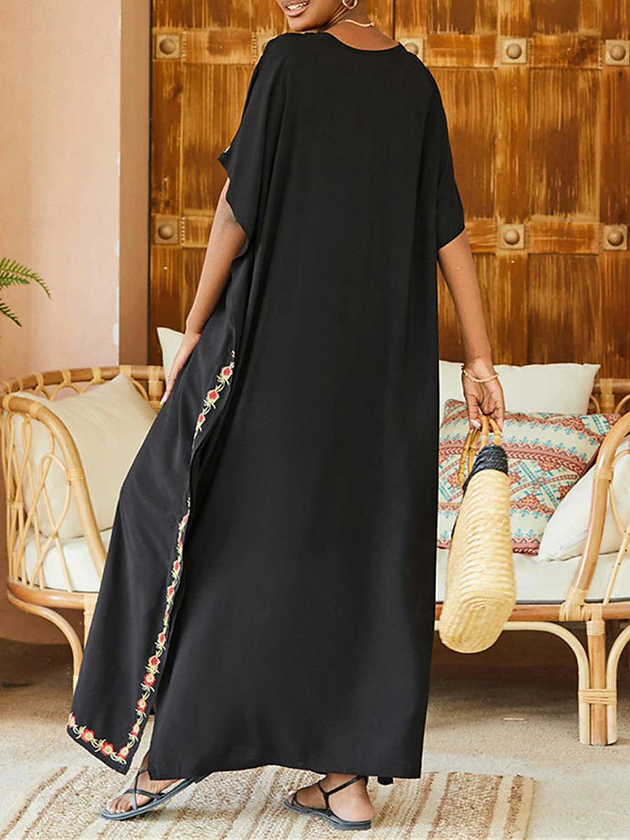 Women's White Dress Summer Dress Cover Up Long Dress Maxi Dress Embroidered Split Vacation Beach Maxi Boho V Neck Half Sleeve Black White Color