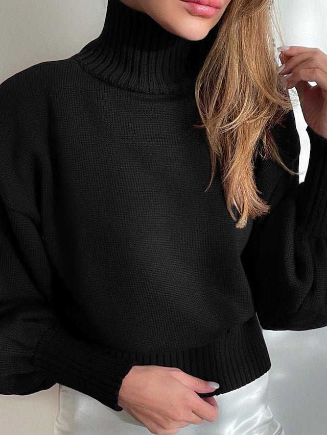 Women's Pullover Sweater Jumper Turtleneck Stand Collar Ribbed Knit Cotton Oversized Summer Fall Outdoor Daily Going out Stylish Casual Soft Long Sleeve Solid Color Black White Wine S M L