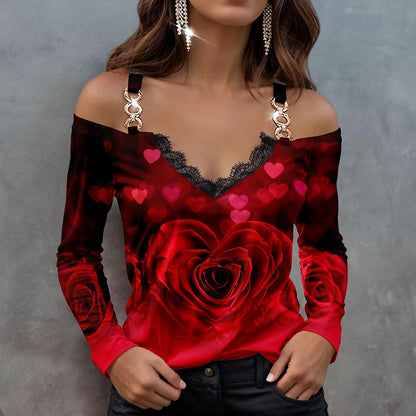 Women's Shirt Blouse Heart Rose Floral Casual Going out Print Lace Trims Cold Shoulder Yellow Long Sleeve Fashion V Neck Spring &  Fall