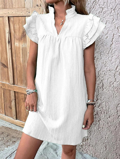 Women's White Dress Mini Dress Ruffle Vacation Streetwear Casual Split Neck Short Sleeve Black White Red Color