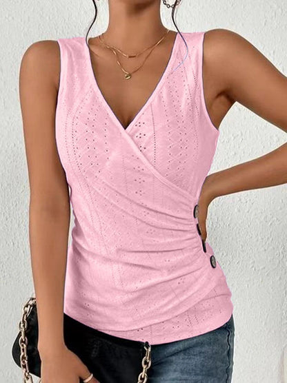 Women's Tank Top Eyelet top Plain Casual Button Sleeveless Black Sleeveless Basic V Neck