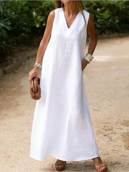 Women's White Dress Casual Dress Cotton Linen Dress Maxi long Dress Pocket Basic Daily V Neck Sleeveless Summer Spring White Plain