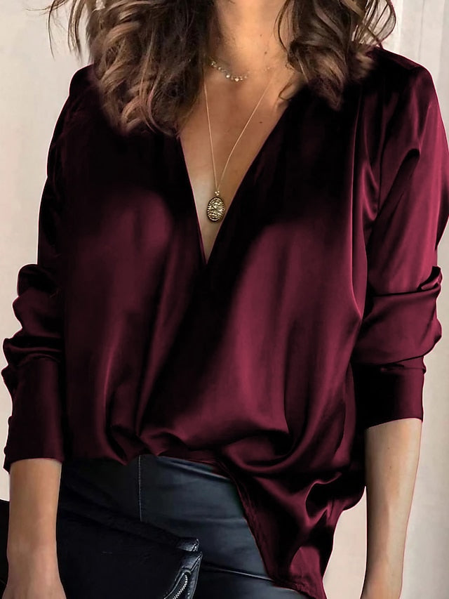 Women's Shirt Blouse Wine Green Plain Long Sleeve Daily Weekend Basic Casual V Neck Regular S