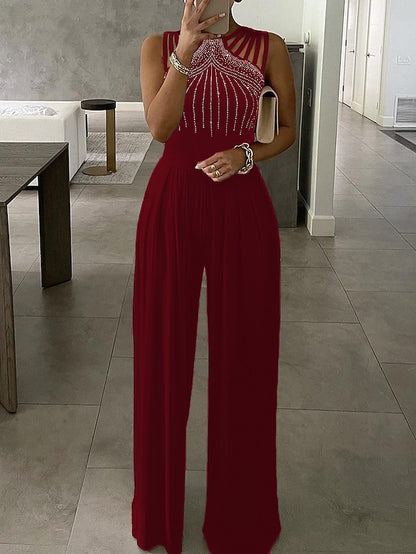 Women's Jumpsuit Beaded Solid Color Crew Neck Elegant Party Evening Prom Wide Leg Regular Fit Sleeveless Blue Black Wine S M L Summer - LuckyFash™