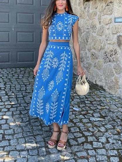 Women's Two Piece Dress Set Casual Dress Cotton Linen Dress Wrap Dress Holiday Date Casual Lace up Print Midi Dress Stand Collar Short Sleeve Scenery Slim Blue Green Beige Summer S M L XL XXL