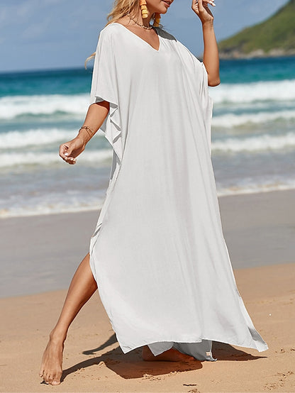 Women's White Dress Casual Dress Summer Dress Long Dress Maxi Dress Split Date Vacation Beach Maxi Basic V Neck Half Sleeve Black White Yellow Color