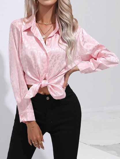 Women's Shirt Blouse Satin Leopard Casual Button Print Pink Long Sleeve Fashion Shirt Collar Spring &  Fall