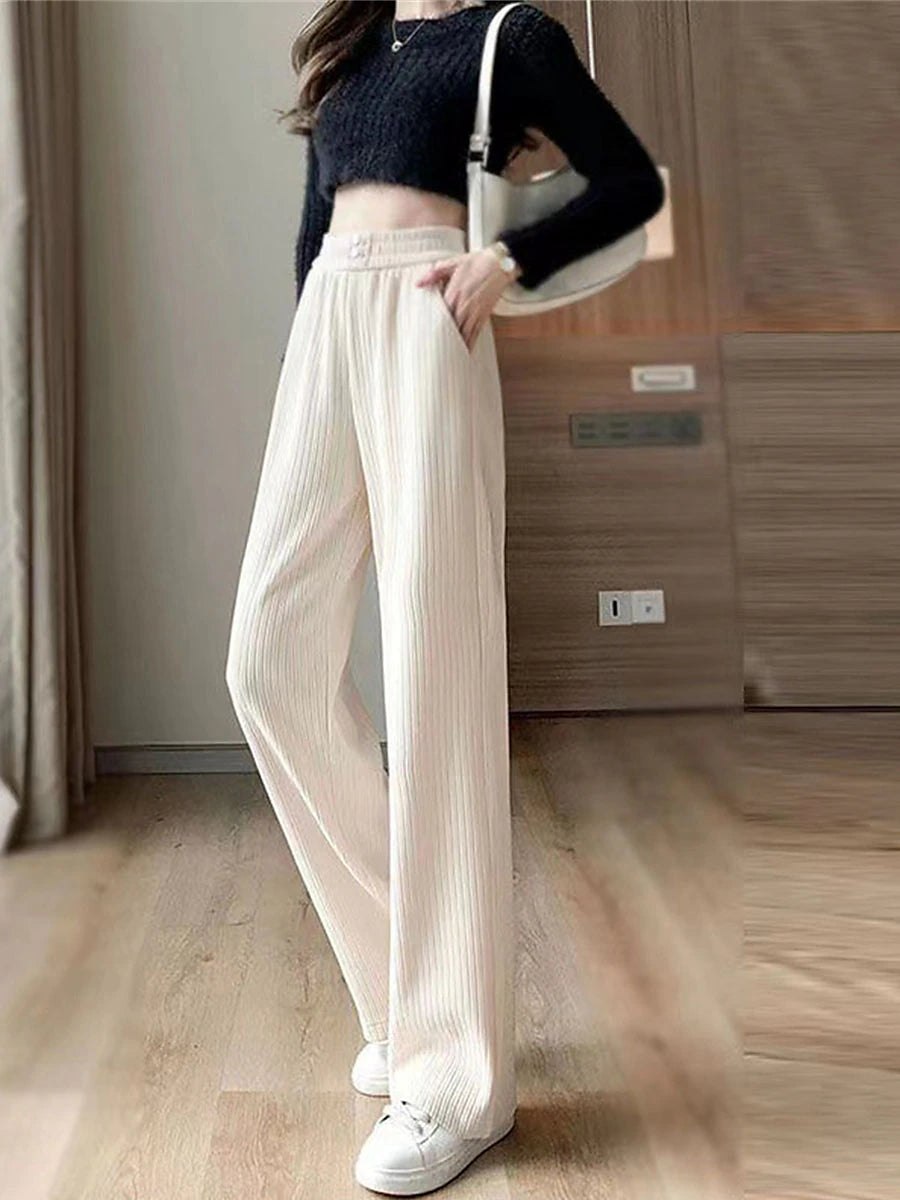 Women‘s Fleece Pants Wide Leg Pants Trousers Full Length Baggy Micro-elastic High Waist Fashion Streetwear Outdoor Street Black White S M Fall Winter