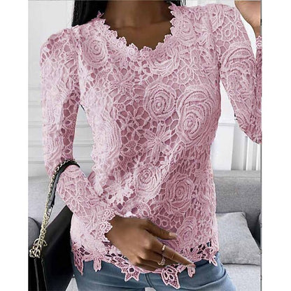 Women's Shirt Blouse White Eyelet Tops Black White Pink Plain Lace Long Sleeve Work Streetwear Casual Round Neck Regular Floral S