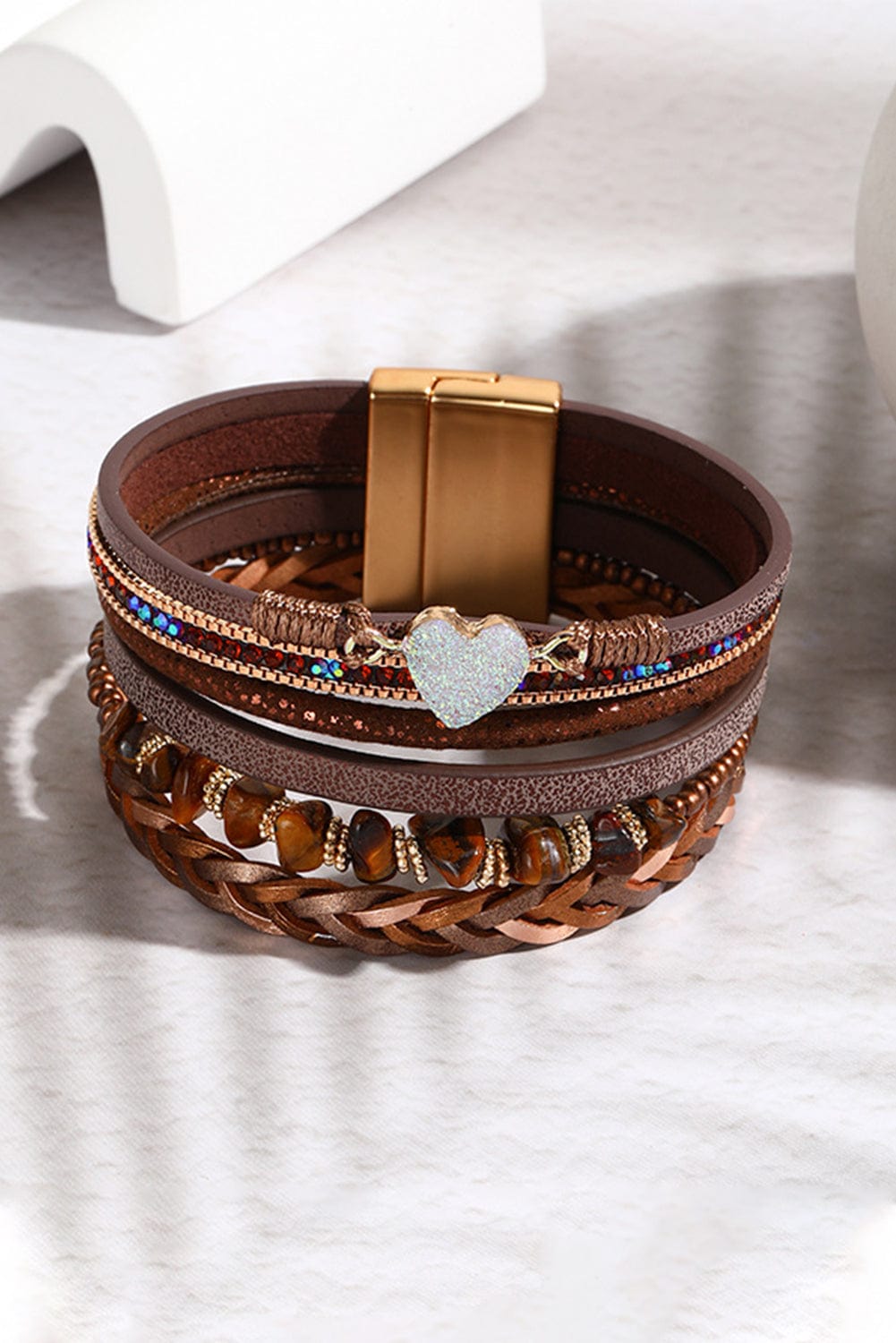 Vintage Brown Glitter Heart Multi-layer PU Bracelet with Magnet Buckle