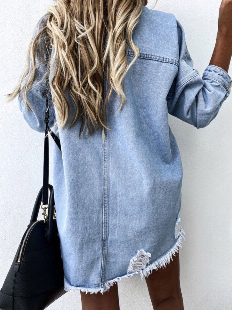 Vintage Denim Coat with Chic Rip Details and Loose Lapel