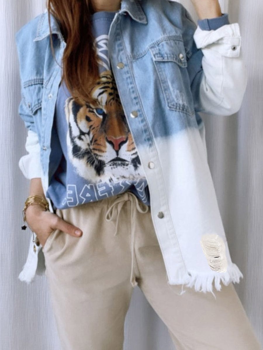 Vintage Denim Coat with Chic Rip Details and Loose Lapel