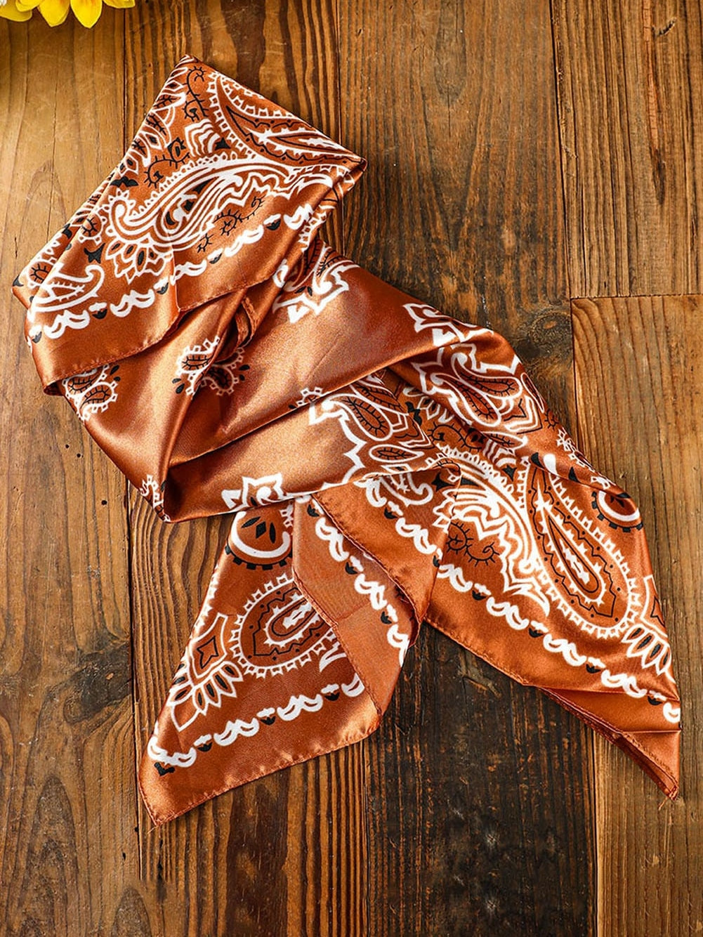 Vintage Gold Paisley Satin Square Scarf with Floral Prints