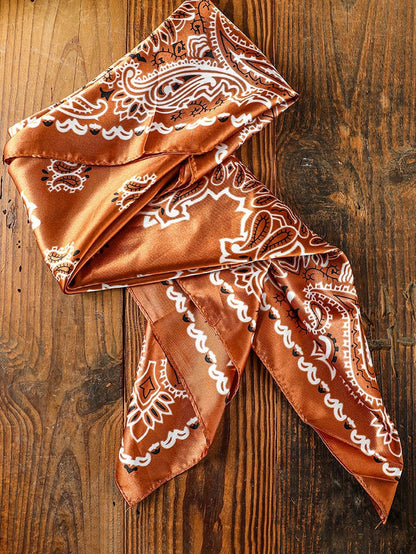 Vintage Gold Paisley Satin Square Scarf with Floral Prints