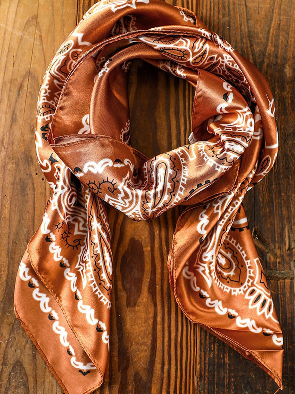 Vintage Gold Paisley Satin Square Scarf with Floral Prints