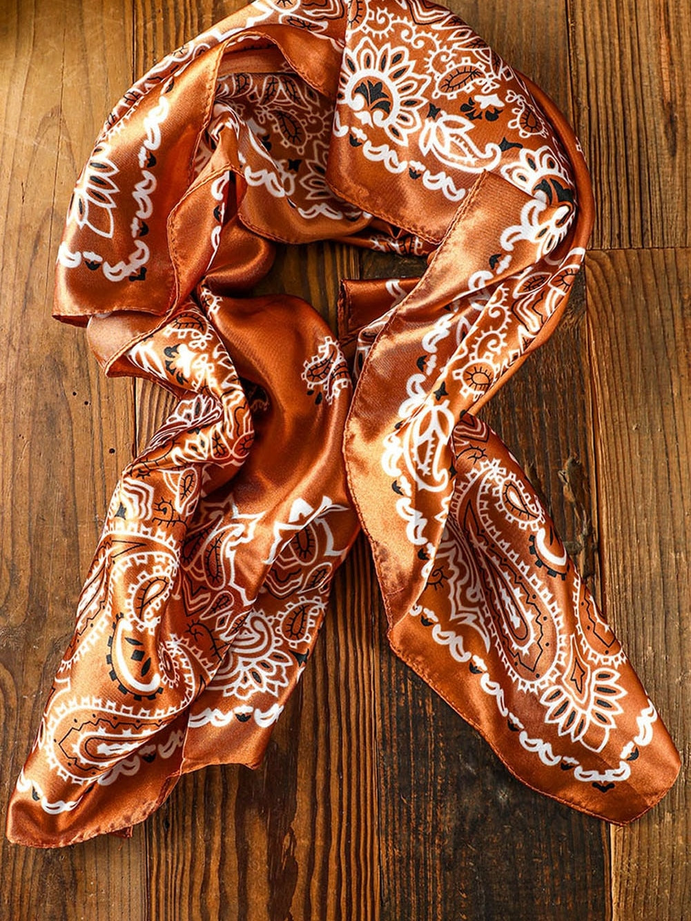 Vintage Gold Paisley Satin Square Scarf with Floral Prints