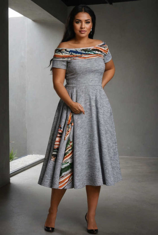 vintage printed a line off shoulder drawstring midi dress 145360