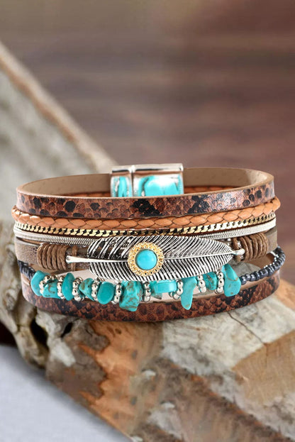 Vintage Turquoise Multi-layered Leather Bracelet with Western Print Accents