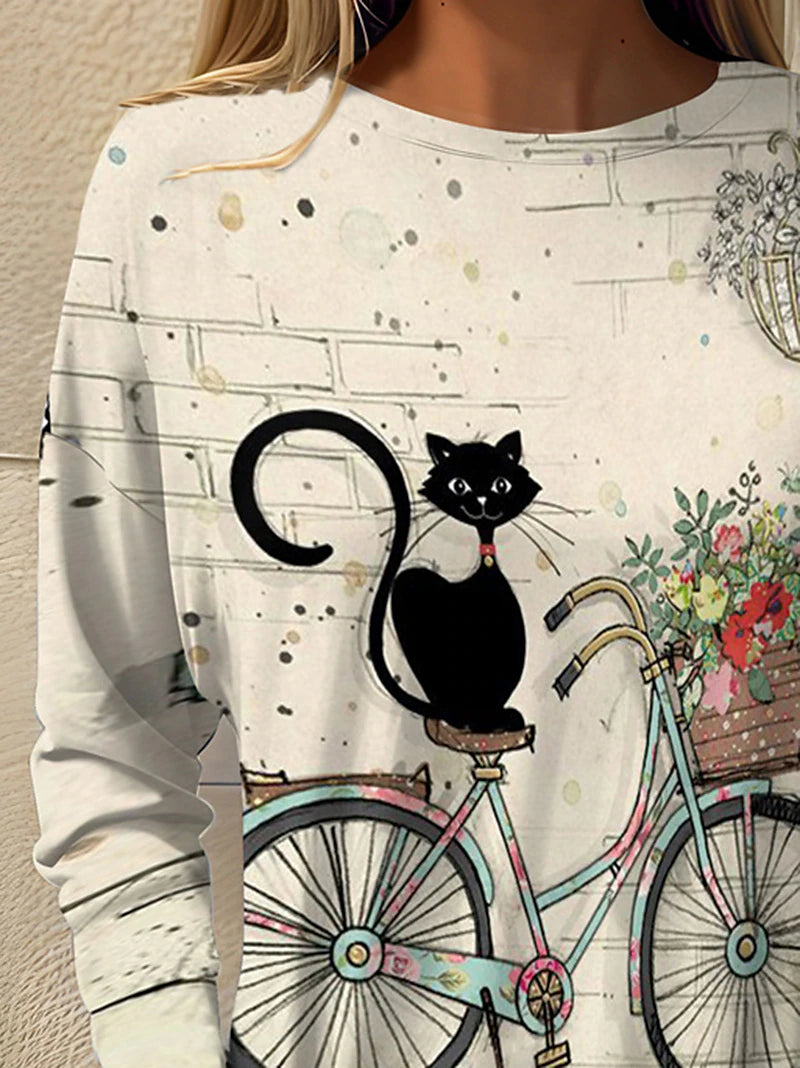 Women's T shirt Tee Cat Daily Weekend Lace Print White Long Sleeve Fashion Square Neck Spring &  Fall