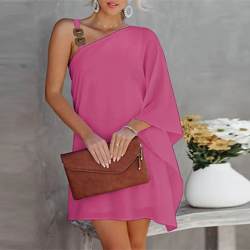 Women‘s Shift Dress Mini Dress Black White Fuchsia Long Sleeve Pure Color Cold Shoulder Summer Spring Fall One Shoulder Fashion Summer Dress Weekend Loose Fit 2023 S M L XL XXL