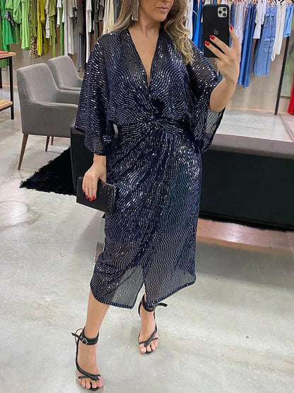 Women's Sequin Dress Party Dress Cocktail Dress Sequins Sparkle V Neck 3/4 Length Sleeve Midi Dress Navy Blue Spring Winter