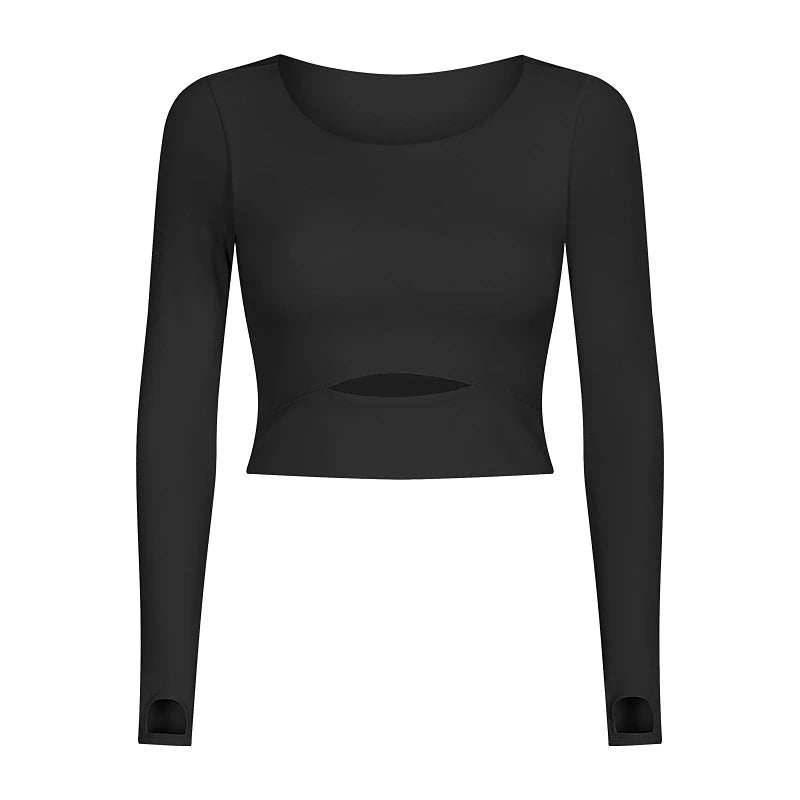 Women's Running T-Shirt Crop Top Solid Color Yoga Fitness Thumbhole Cut Out Crop Top Black White Pink Crew Neck Long Sleeve High Elasticity Spring &  Fall