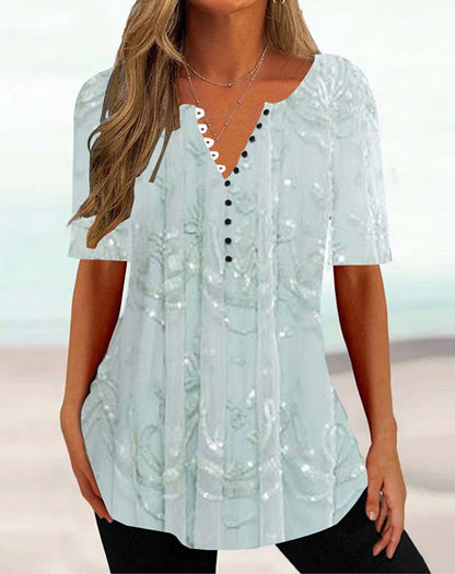 Women's T shirt Tee Henley Shirt Floral Holiday Weekend Button Print White Short Sleeve Tunic Basic Round Neck