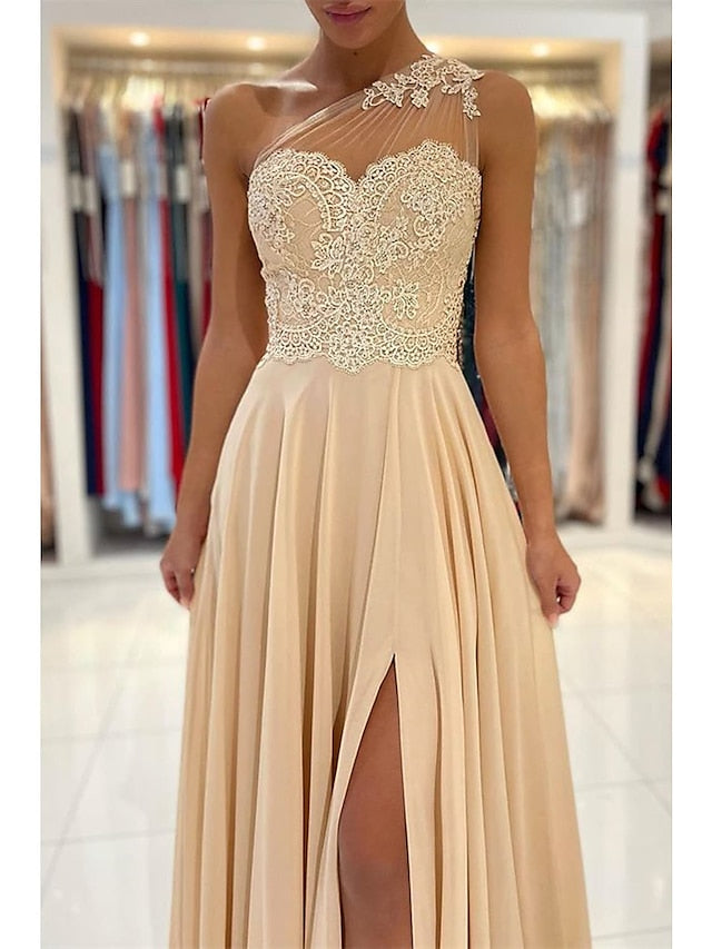 A-Line Prom Dresses Sexy Dress Formal Court Train Sleeveless One Shoulder Chiffon with Slit Appliques 2023 - LuckyFash™