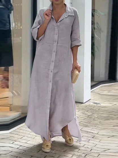 Women's Shirt Dress Casual Dress Cotton Linen Dress Maxi long Dress Button Basic Daily Shirt Collar 3/4 Length Sleeve Summer Spring Gray Plain