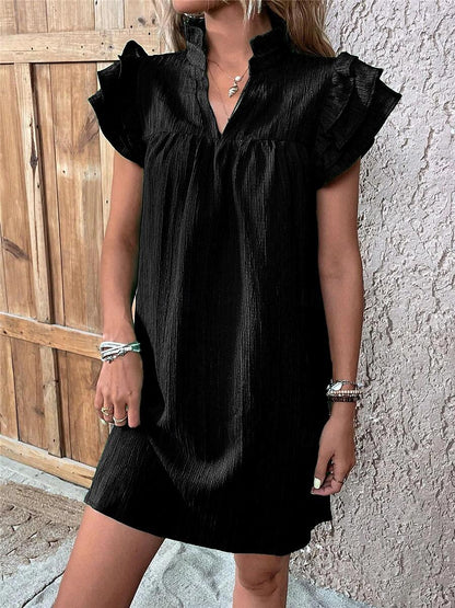 Women's White Dress Mini Dress Ruffle Vacation Streetwear Casual Split Neck Short Sleeve Black White Red Color