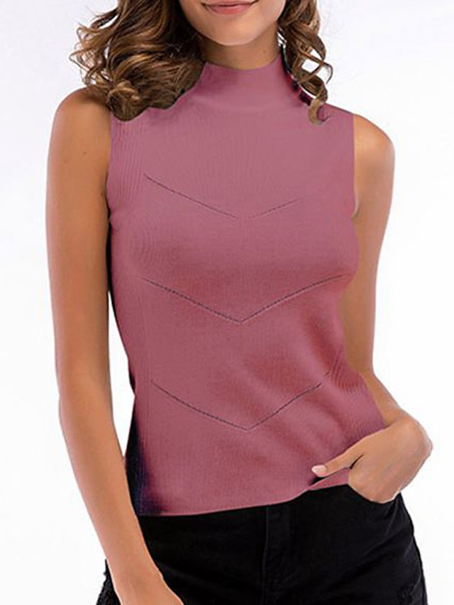 Women's Sweater Vest Turtleneck Knit Polyester Knitted Summer Outdoor Home Daily Stylish Basic Casual Sleeveless Pure Color Black White Dusty Rose M L XL