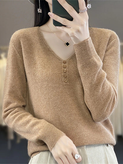 Women's Pullover Sweater Jumper V Neck Ribbed Knit Polyester Button Knitted Fall Winter Regular Outdoor Daily Holiday Fashion Streetwear Casual Long Sleeve Solid Color Black White Light Green S M L