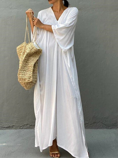 Women's White Dress Cover Up Beach Wear Maxi long Dress Split Basic Casual Plain V Neck 3/4 Length Sleeve Loose Fit Outdoor Daily White Yellow 2023 Summer Spring One Size