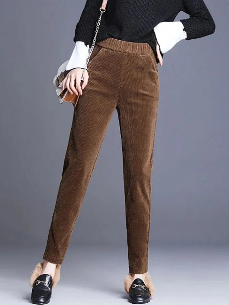 Women‘s Dress Flannel Pants Trousers Full Length Corduroy Pocket High Waist Fashion Streetwear Work Street Black Brown M L Winter Autumn / Fall