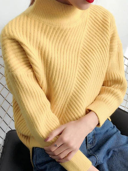 Women's Pullover Sweater Jumper Stand Collar Ribbed Knit Spandex Yarns Patchwork Split Fall Winter Regular Outdoor Daily Going out Stylish Casual Soft Long Sleeve Solid Color Black White Yellow