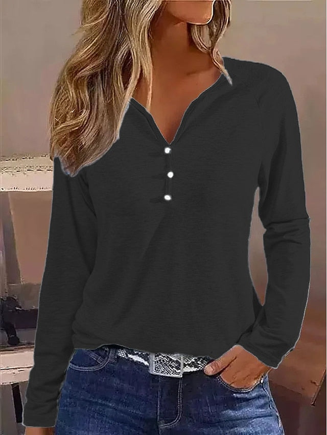 Women's T shirt Tee Henley Shirt Plain Daily Weekend Button Black Long Sleeve Elegant Fashion Basic V Neck Fall & Winter