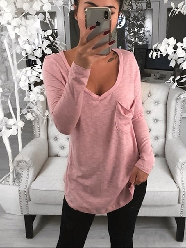 Women's T shirt Tee Tunic Black White Pink Solid Colored Pocket Long Sleeve Casual Daily Basic V Neck Regular Loose Fit S